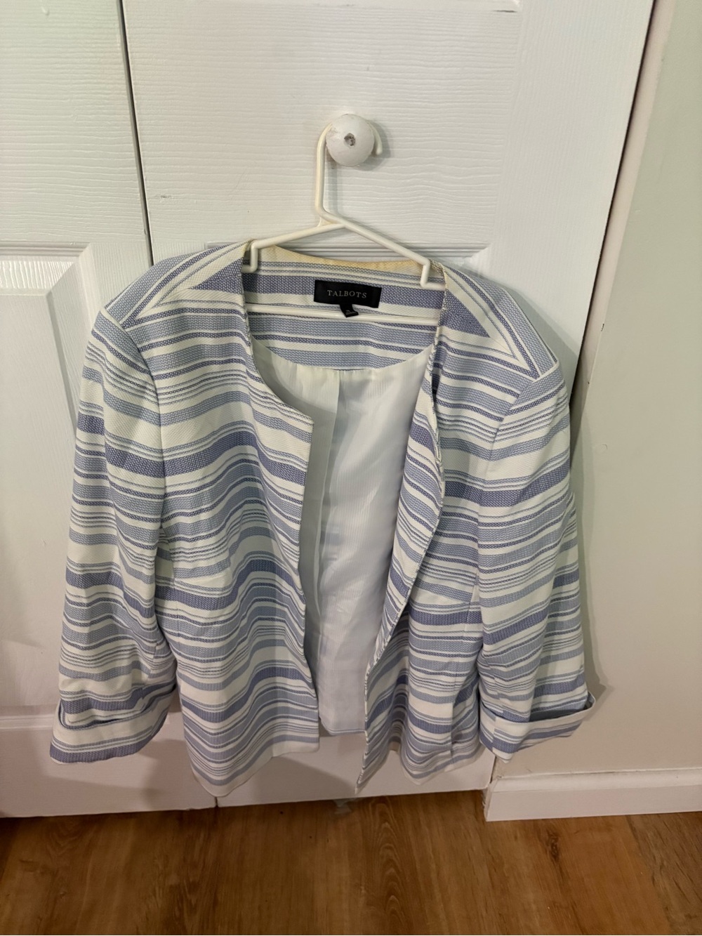 Talbots Blue and White Striped Collarless Open Jacket
